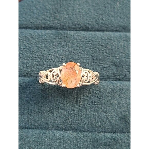 Sterling Silver Strawberry Quartz Ring Size 8 Ornate Filigree Band Oval Gemstone - Picture 1 of 6